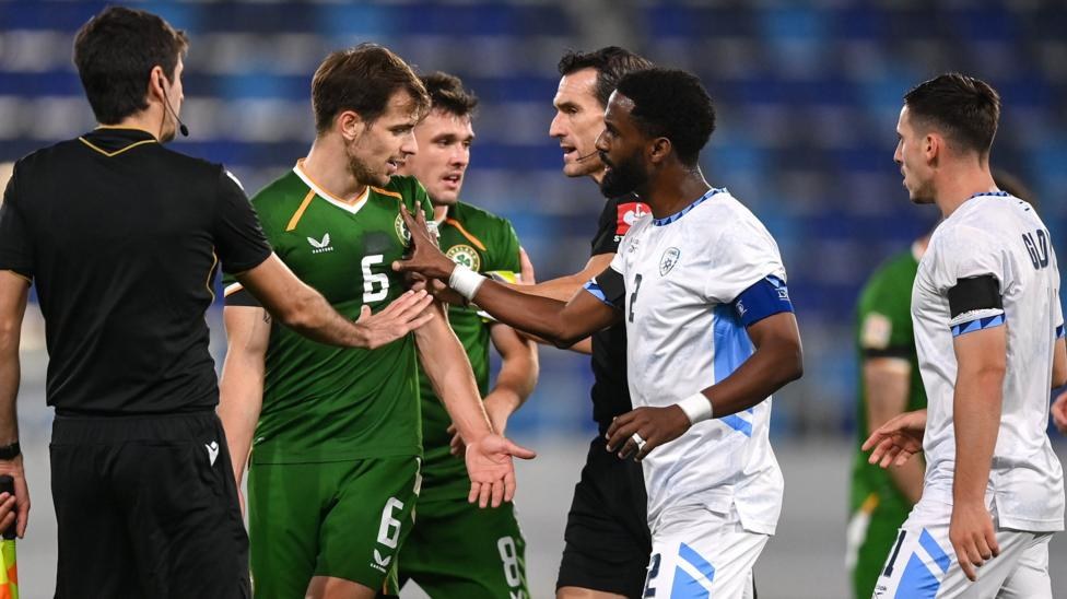 Jayson Molumby and Jason Knight clash with Israel players at full-time